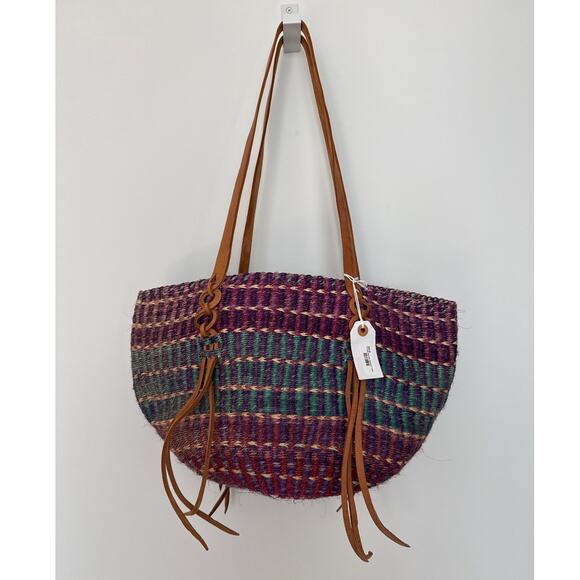 NWT Handwoven Purple & Teal Boho Retro Tote Bag with Leather Straps tassels - Picture 1 of 13